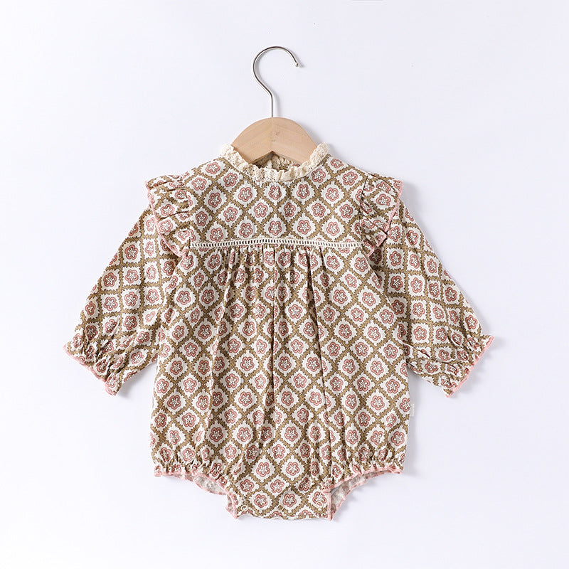 Spring Arrival Baby Girls Long Sleeves Vintage Floral Pattern Rompers and Onesies
