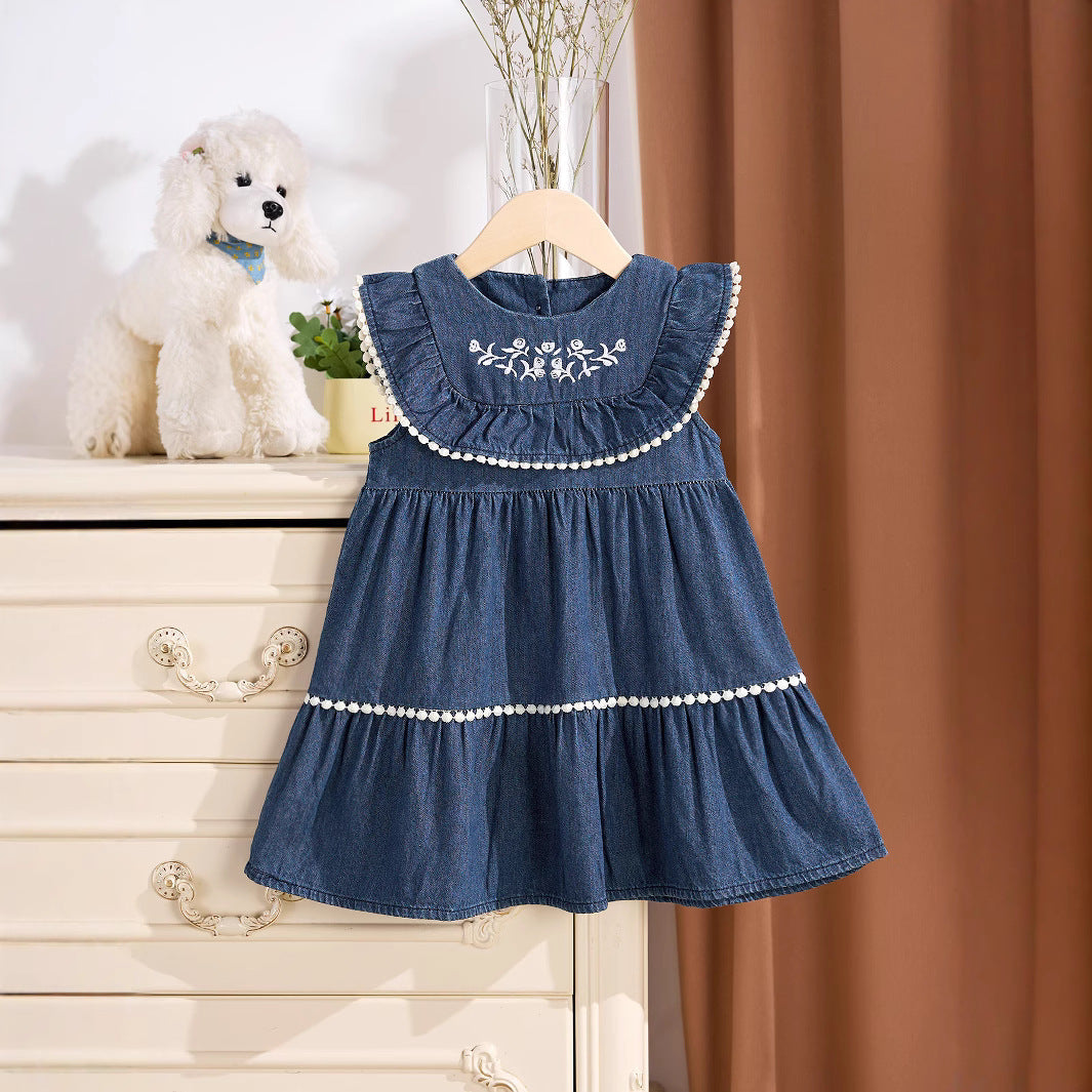 Summer Baby Kids Girls Denim Sleeveless Flowers Pattern Embroidered Dress