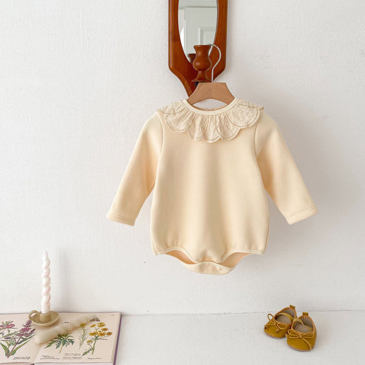 Newborn Baby Girls Crew Neck Lace Collar Long Sleeves Solid Beige Thick Warm Onesie