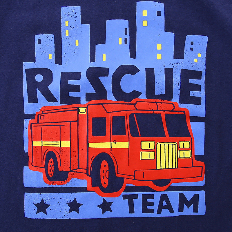 Summer Boys’ Fire Truck Cartoon Pattern T-shirt in European and American Style