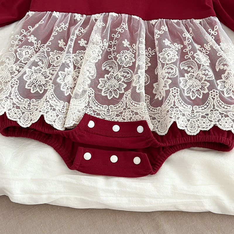 Autumn Arrival Baby Girls Long Sleeves Hollow-out Collar Tulle Patchwork Onesies