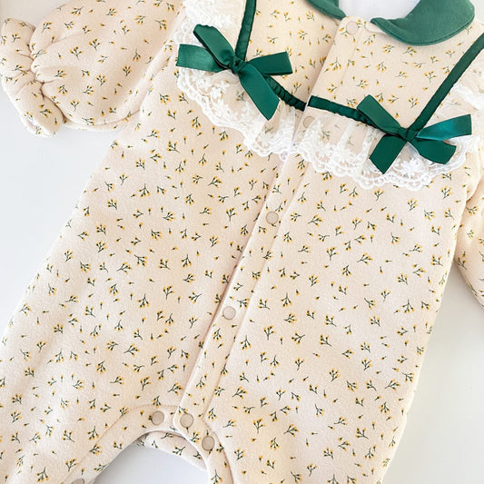 Baby Girl Flower Print Mesh Patchwork Fleece Thickened Romper