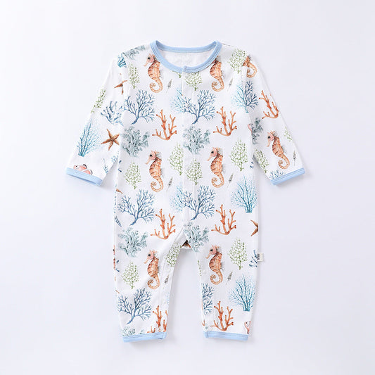 Autumn and Spring Arrival Baby Unisex Animals Pattern Long Sleeves Crew Neck Single Breasted Rompers