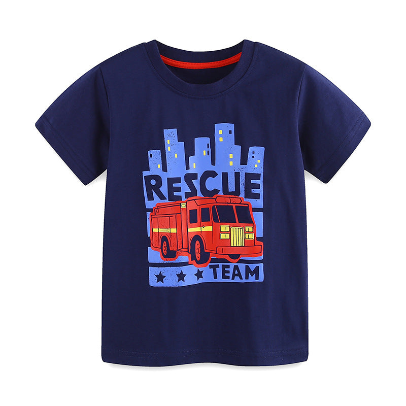 Summer Boys’ Fire Truck Cartoon Pattern T-shirt in European and American Style