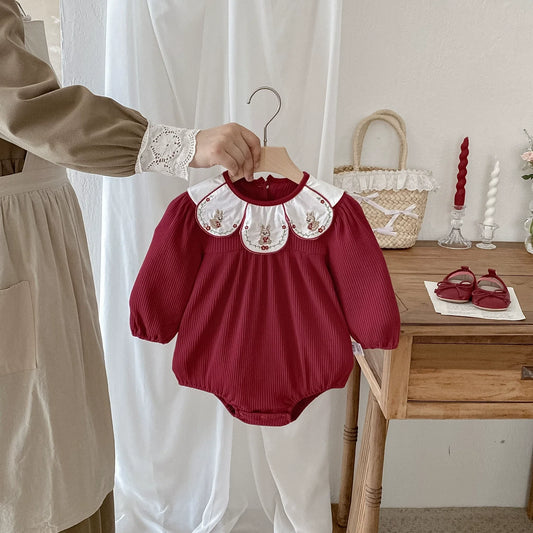 Autumn Hot Selling Baby Girls Red Long Sleeves Onesies Bodysuits with Rabbit and Flowers Embroidered Collar