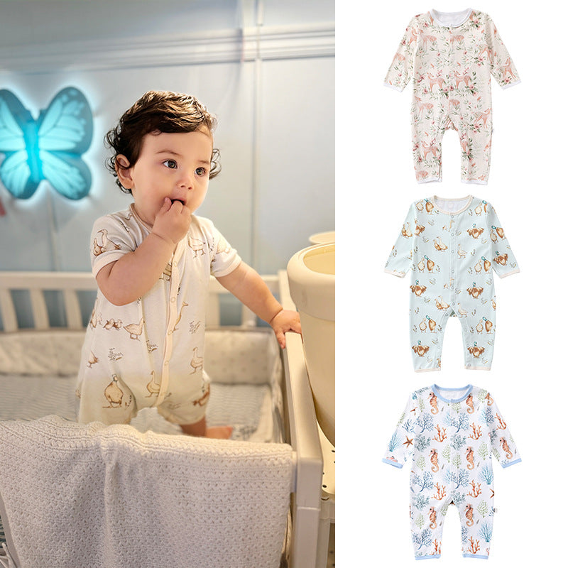 Autumn and Spring Arrival Baby Unisex Animals Pattern Long Sleeves Crew Neck Single Breasted Rompers