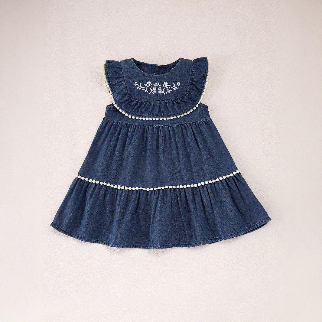 Summer Baby Kids Girls Denim Sleeveless Flowers Pattern Embroidered Dress