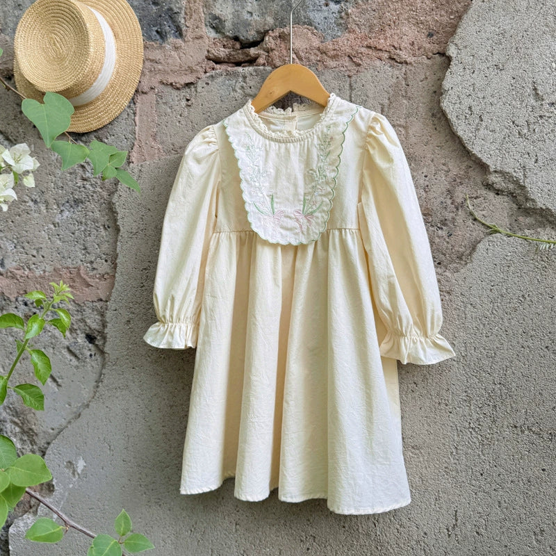 Autumn New Arrival Baby Kids Girls Flowers Embroidery Pattern Long Sleeves Lace Trim Decorated Dress