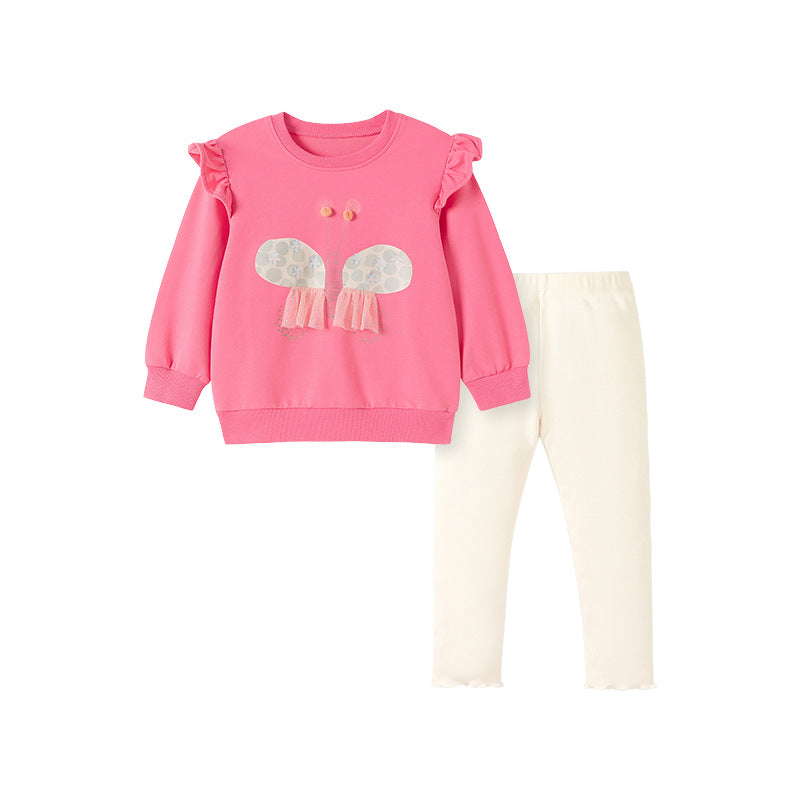 Spring and Autumn Girls Butterfly Cartoon Pattern Long Sleeves Crew Neck Top Sweatshirt and White Pants Clothing Set
