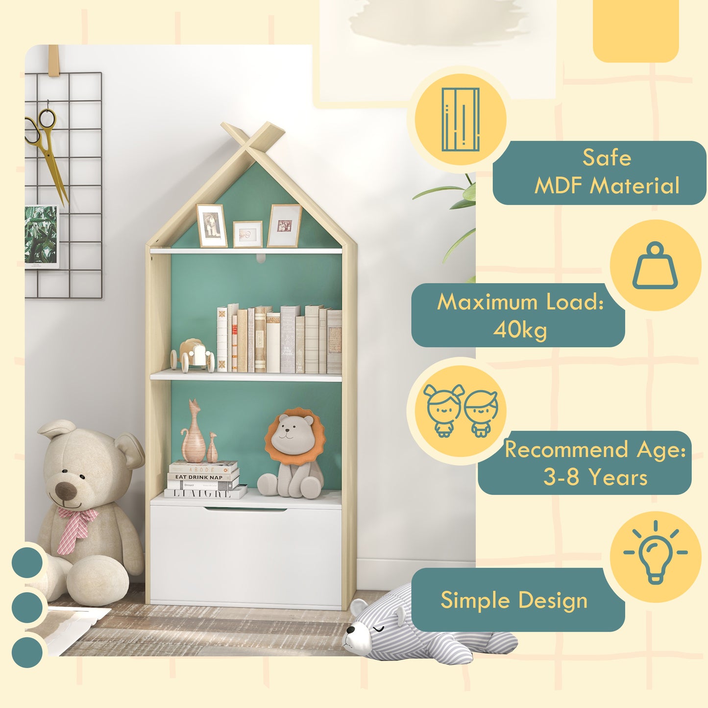 Kids Bookshelf with 3 Shelves, Drawer, Anti-tip Device, Anti-Slip Foot Cover, for Kids Room, Green | AIYAPLAY