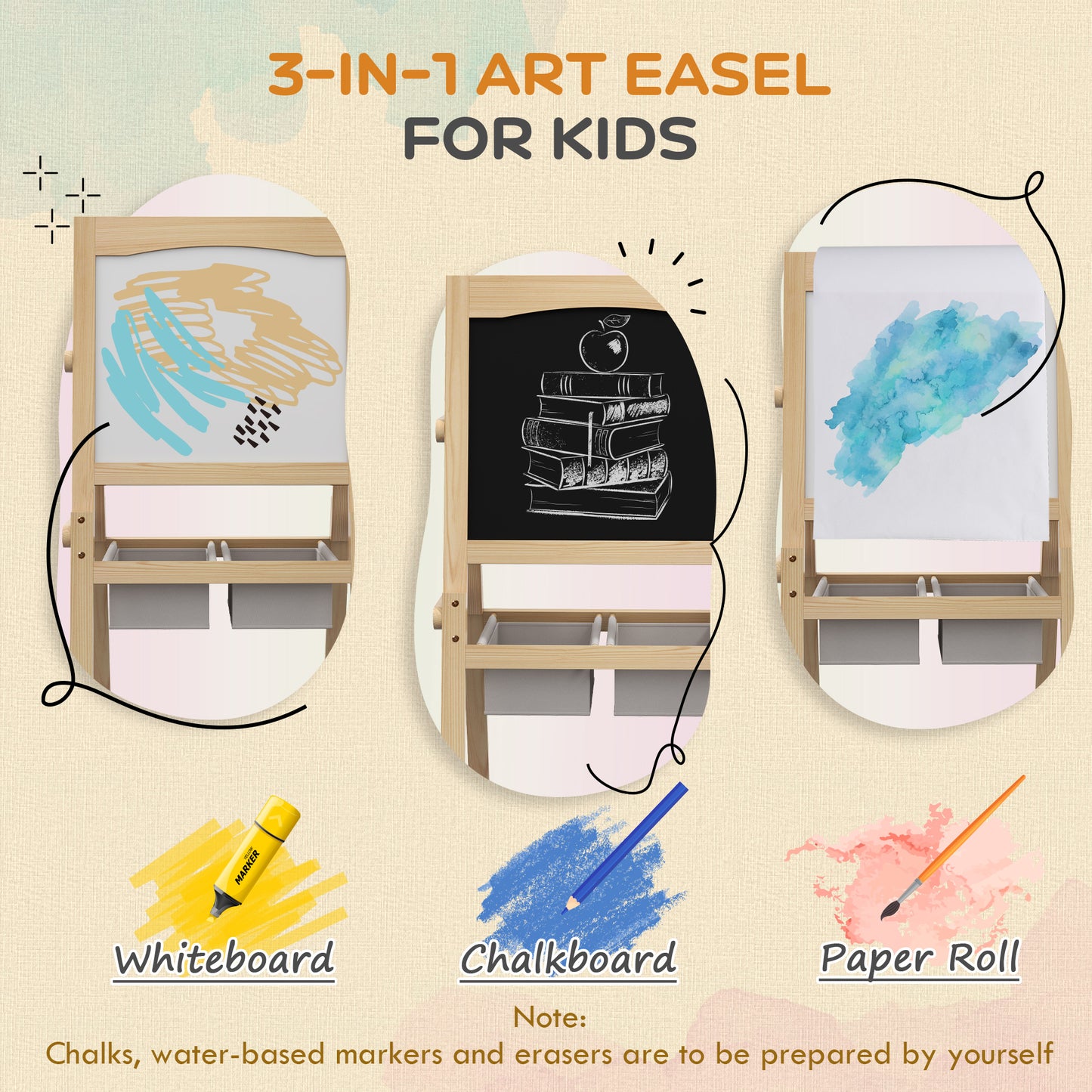 Kids Easel with Paper Roll, 3 in 1 Art Easel for Toddlers, Double-Sided Kids Whiteboard Blackboard with Storage Baskets, 3-6 Years | AIYAPLAY